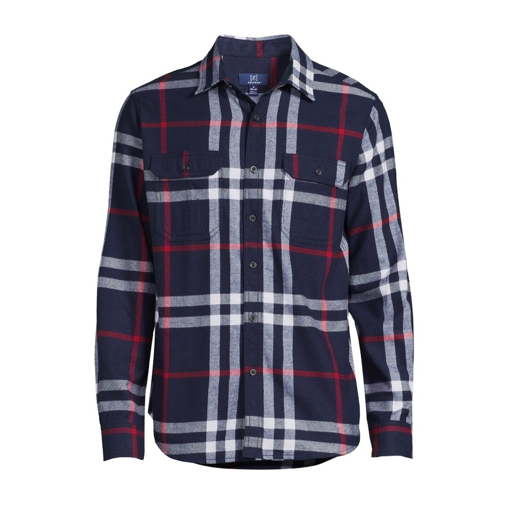 GEORGE Mens Super Soft Flannel Shirt Size Medium 38-40 Plaid Navy Red Wh…